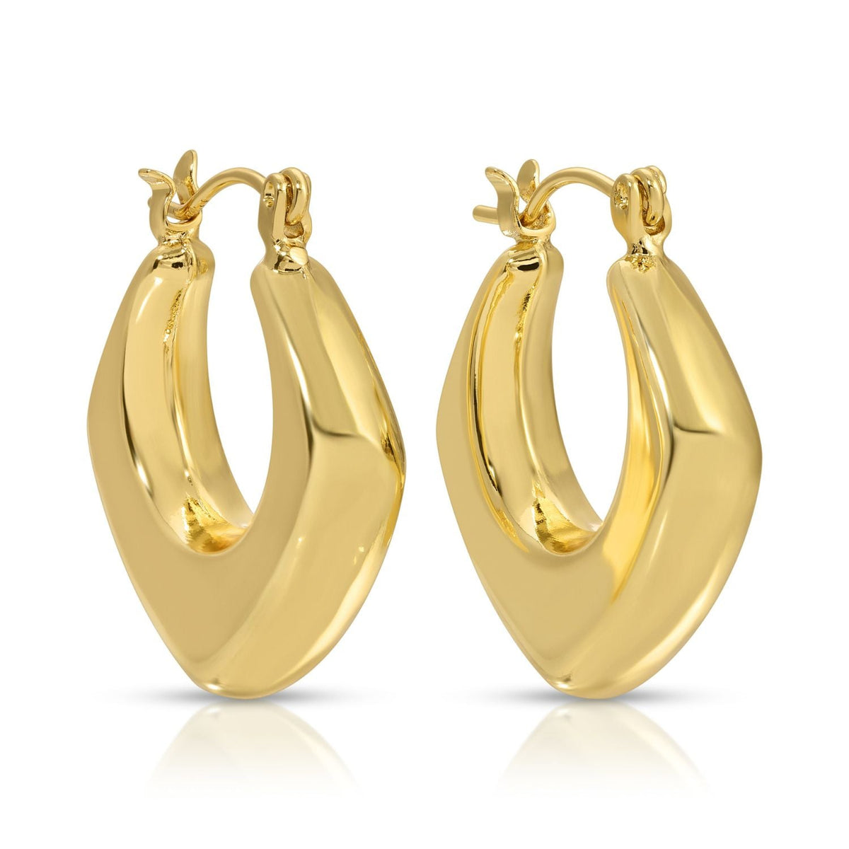 Pair of gold wide angled latch hook huggie earrings with a polished finish.