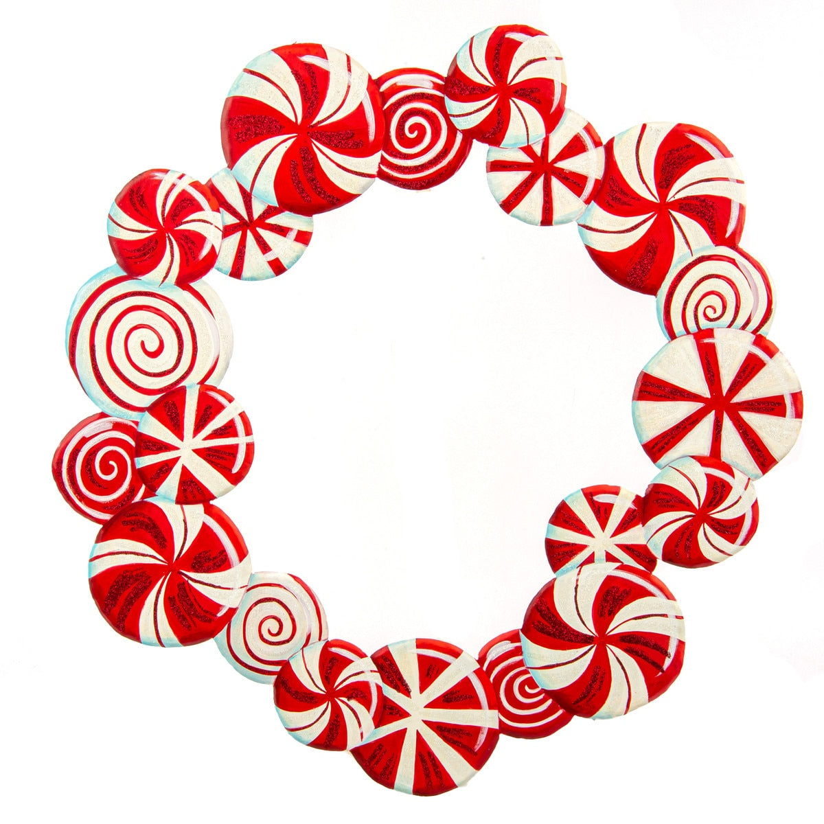 Holiday Candy Wreath: A circular candy cane wreath with a red and white striped pattern.