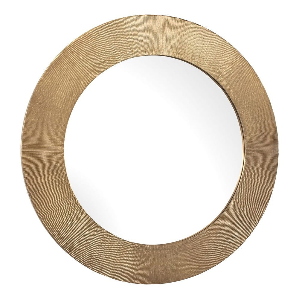 Tano Round Mirror with a wide, textured gold frame featuring a radial sunburst pattern.