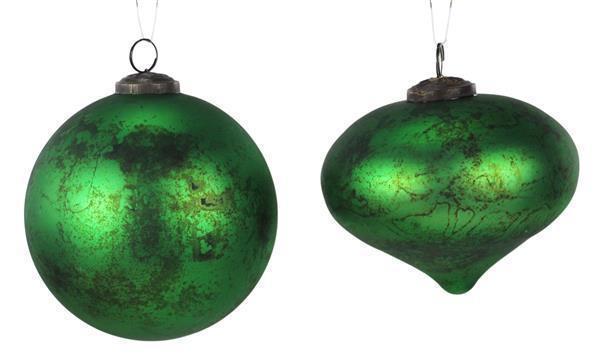Matte green rustic glass Christmas ornament with a weathered finish.