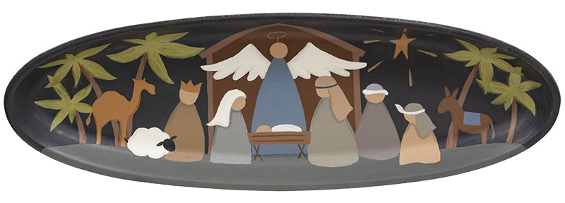 Primitive Nativity scene painted on a long oval wooden tray featuring Mary, Joseph, and an angel.