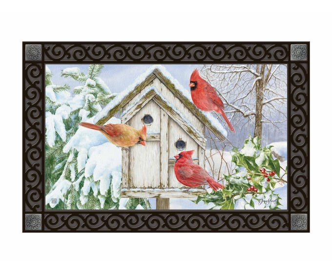 Cardinal Birdhouse Matmate with interchangeable mat system on non-slip recycled rubber backing