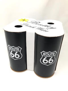 Two black Route 66 tumblers in a white cardboard holder labeled Bentley Drink Ware.