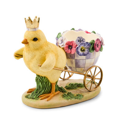 Resin and metal Pansy Party Chick figurine with a cart accessory.