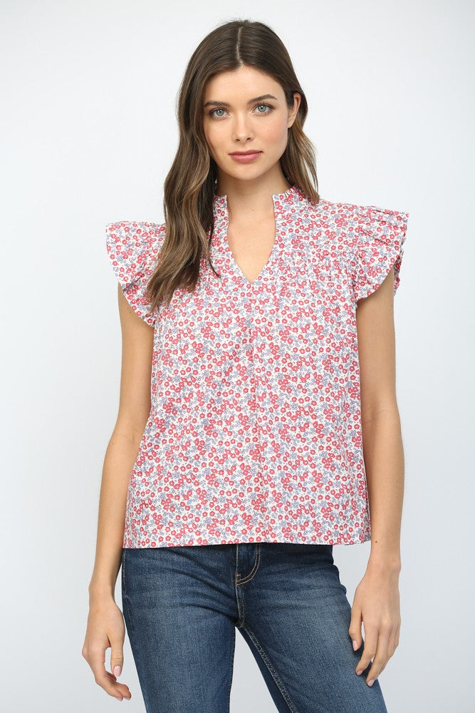 Women's Hannah V-neck flutter sleeve top in solid light blue cotton fabric.