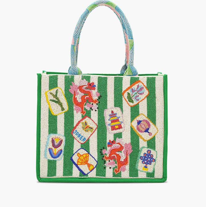 Mahjong Muse Hand-Beaded Large Book Tote with green and white stripes and mahjong tile motifs.
