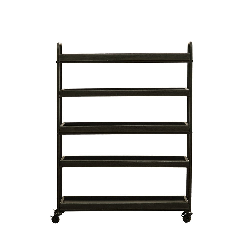 Wood and metal five-tier rolling shelf with casters