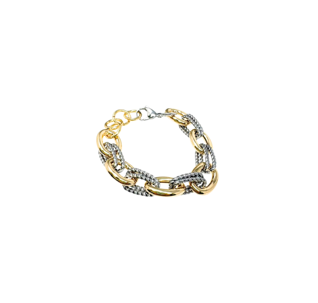 Mixed metal link bracelet featuring alternating smooth gold and textured silver oval links.