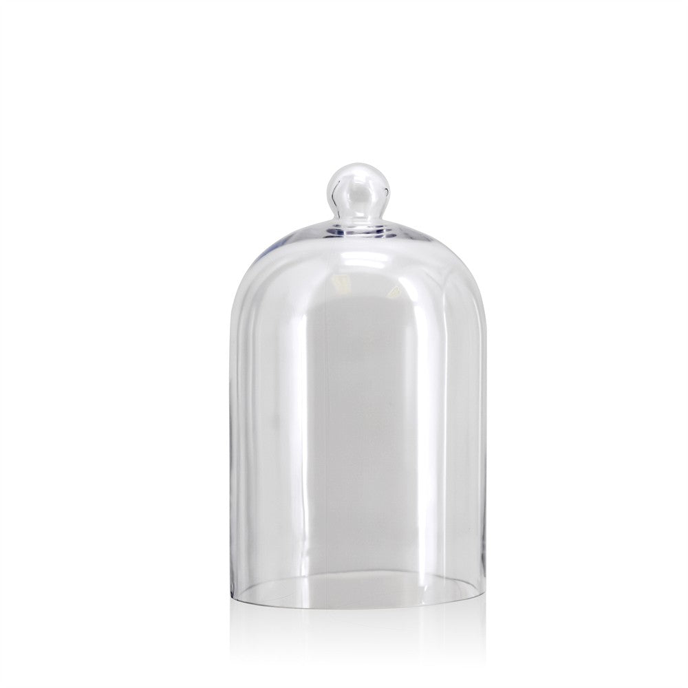 Clear glass bell jar cloche with a round top handle, 9-inch diameter.