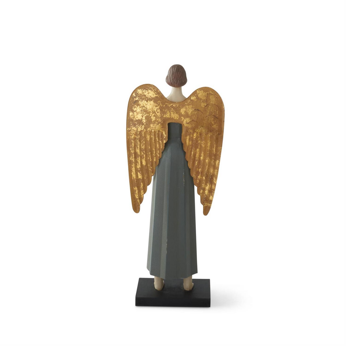 Back view of a 19.25-inch hand-carved blue angel figurine with large gold embossed metal wings.