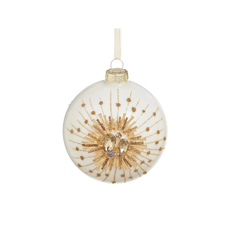 White glass ball Christmas ornament with a gold and jewel starburst design and hanging ribbon.