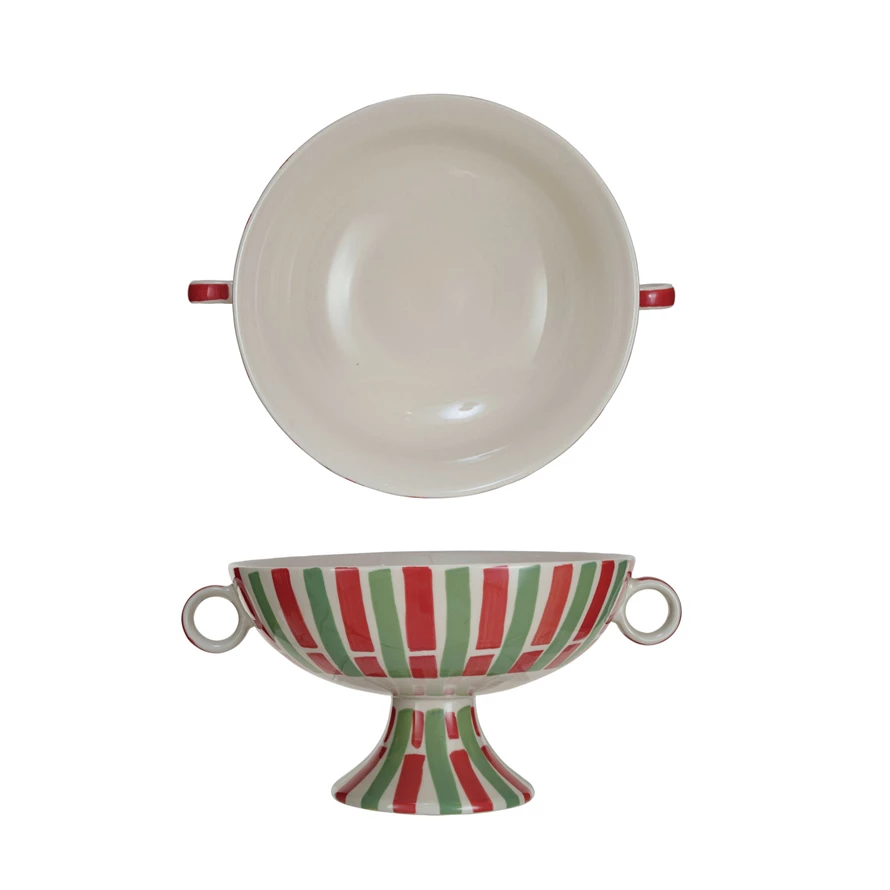 Hand-painted stoneware footed bowl with red and green vertical stripes and side handles.
