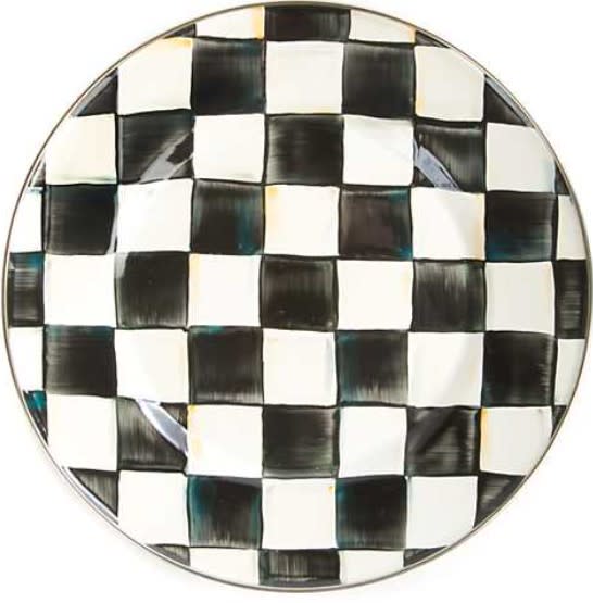 Courtly Check Enamel Dinner Plate with hand-painted black and white checkered pattern.