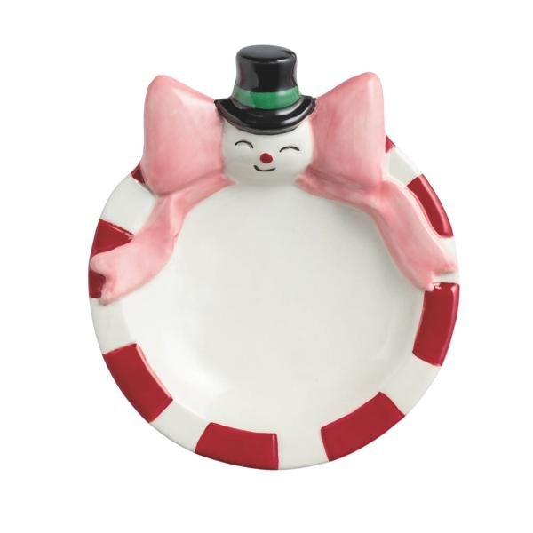 Hand-painted ceramic Bow Trinket Dish with a snowman face, black top hat, and pink bow accent.