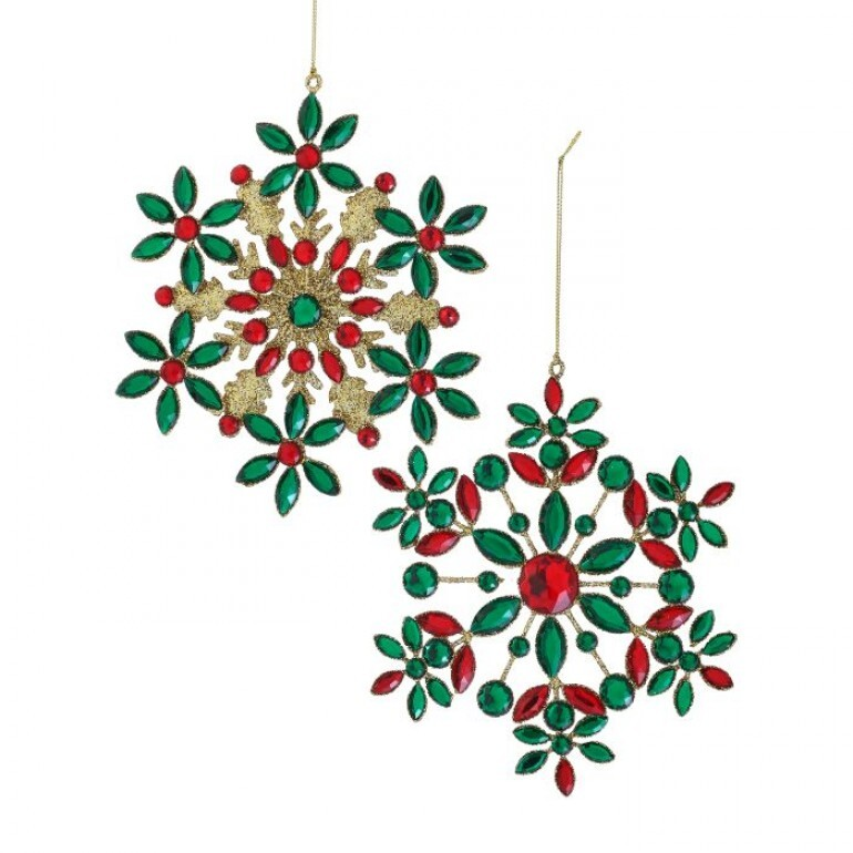 Two 7-inch glitter wire snowflake ornaments with red and green jewels, sold individually.