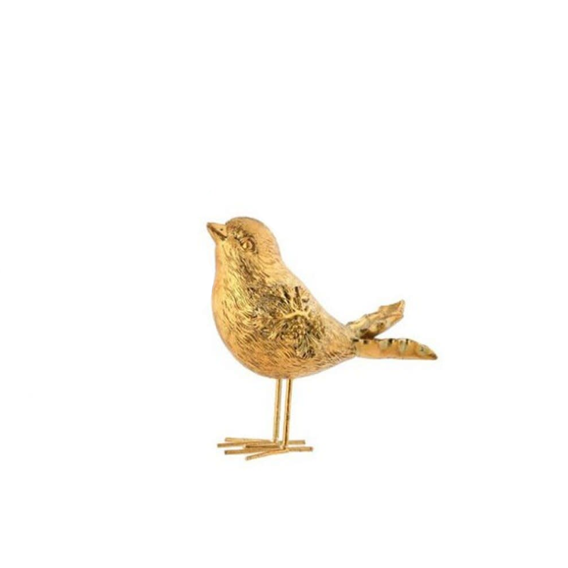 6-inch gold resin holiday bird figurine with textured feathers and thin metal legs.