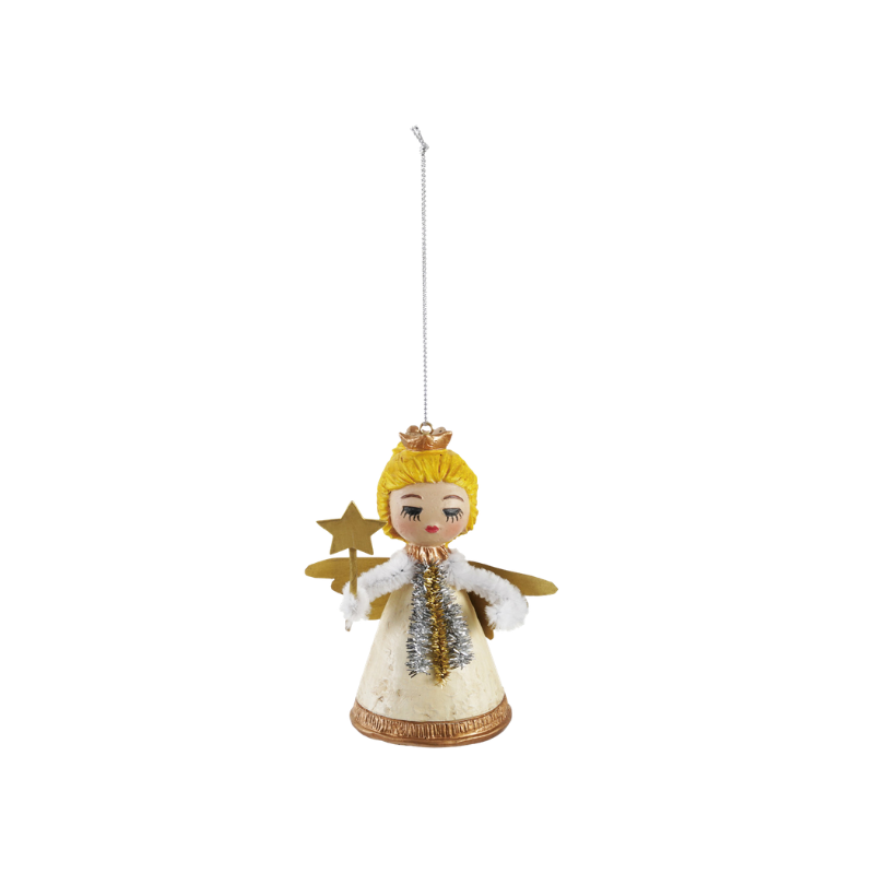 Resin vintage reproduction angel ornament with yellow hair, cream gown, and a gold star wand.