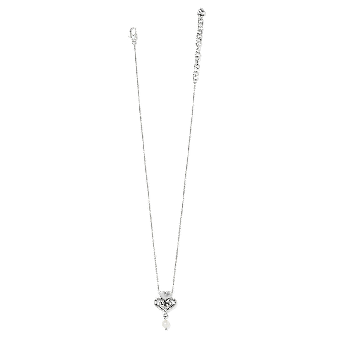 Silver-plated Alcazar Amor necklace with a heart-shaped pendant and a glass pearl drop.