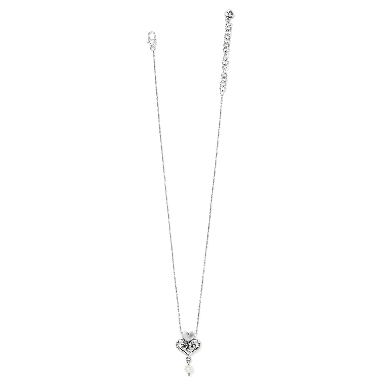 Silver-plated Alcazar Amor necklace with a heart-shaped pendant and a glass pearl drop.