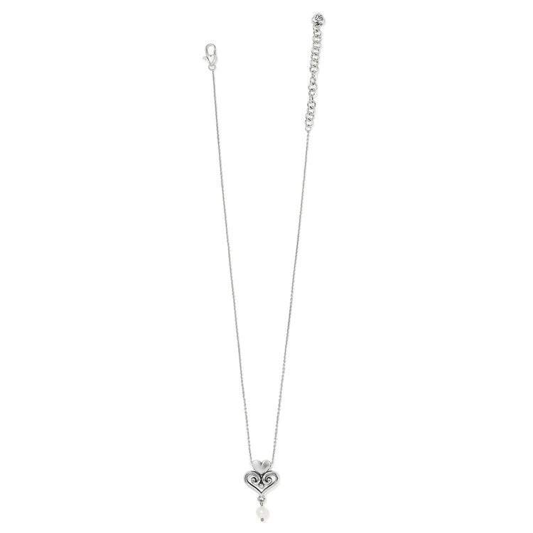 Silver-plated Alcazar Amor necklace with a heart-shaped pendant and a glass pearl drop.