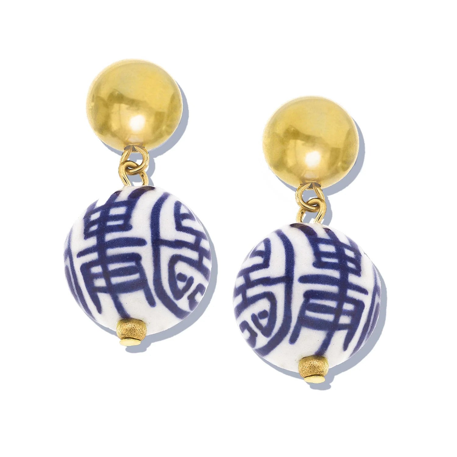 Blue and white porcelain drop earrings with gold-tone studs and blue character patterns.