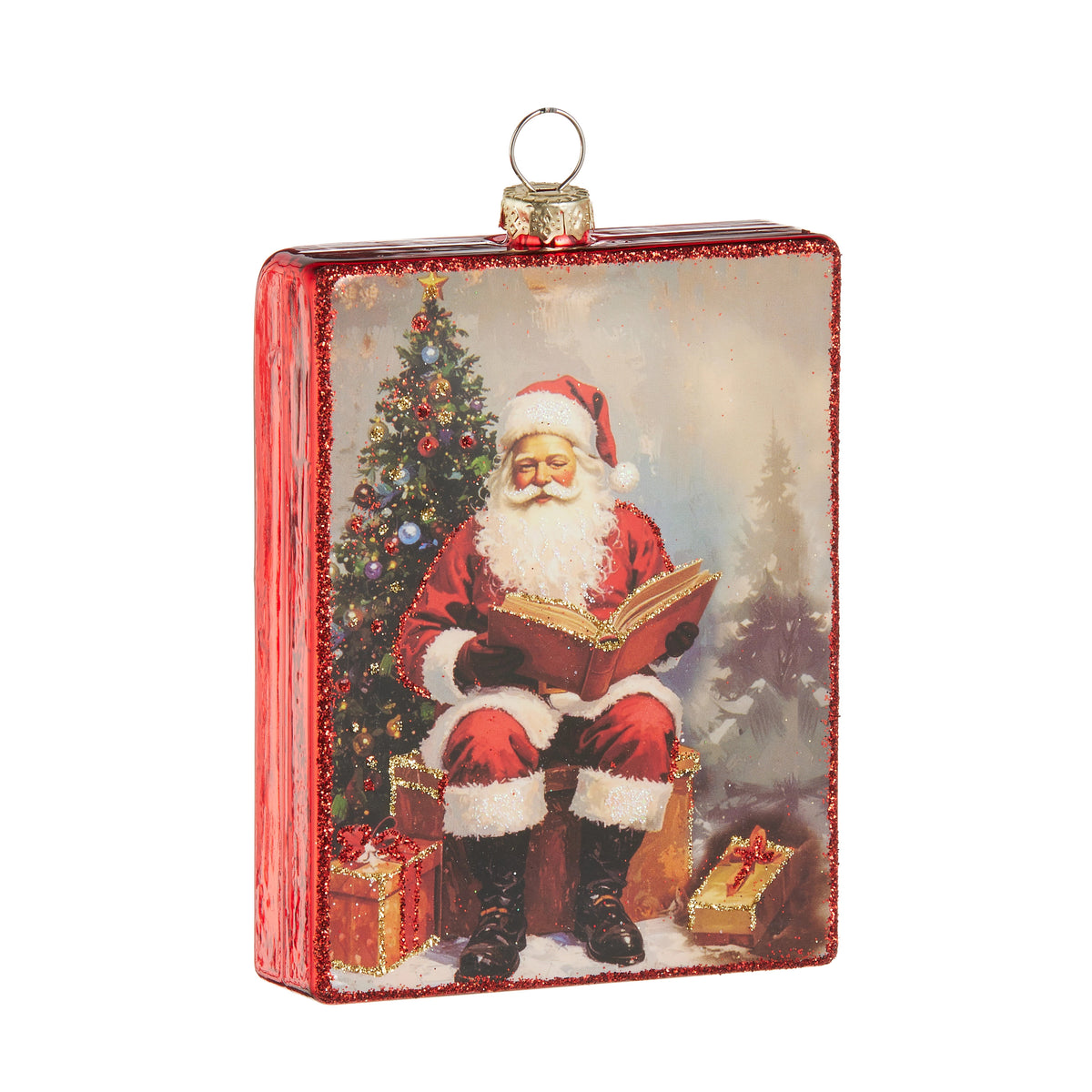 4" Kris Kringle's Nice List Rectangle Ornament featuring Santa reading a book by a Christmas tree.