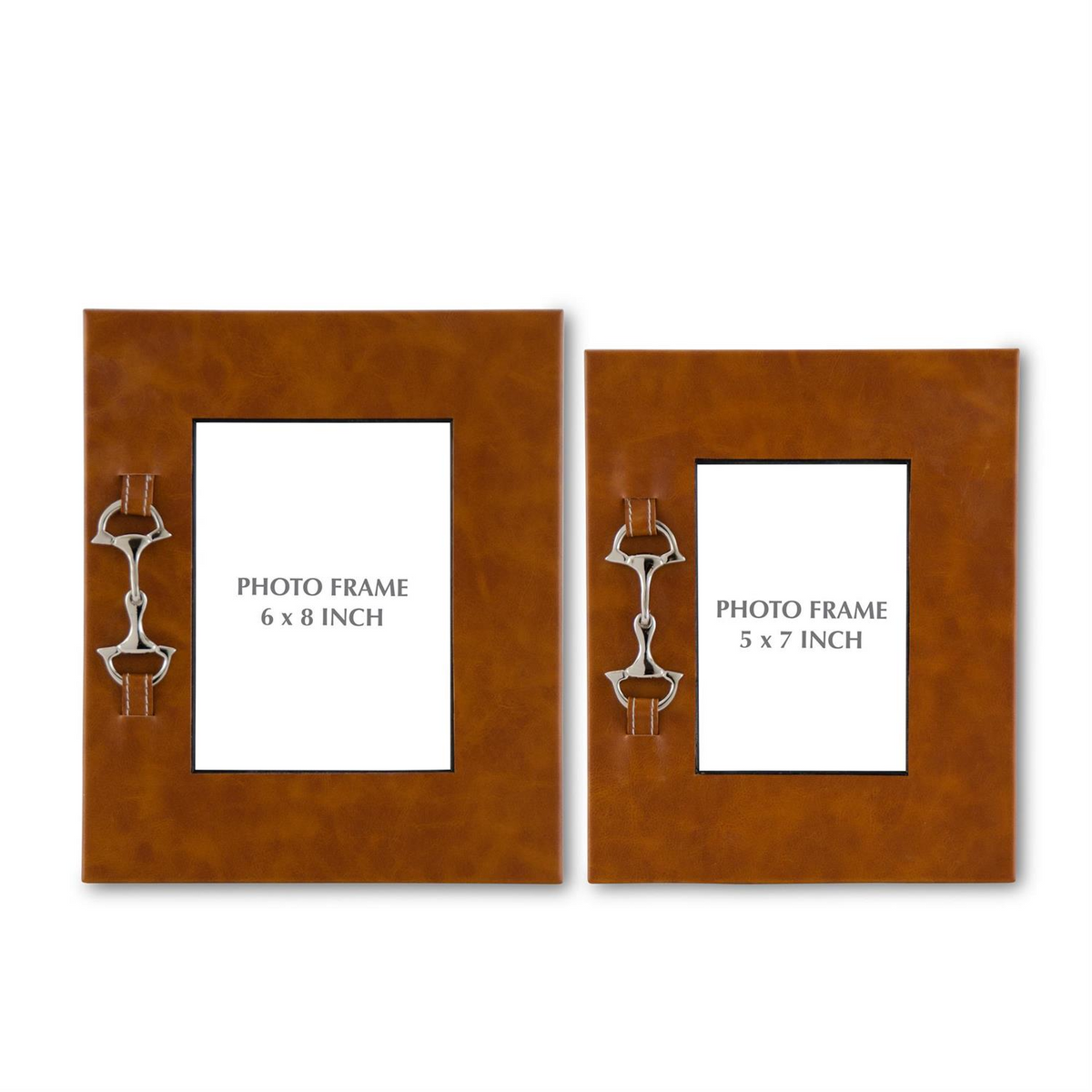 Two tan leather photo frames in 6x8 and 5x7 sizes, each featuring a silver horse bit accent.