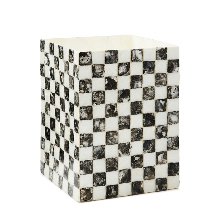 Courtly Check Capiz waste bin with natural shell material in a checkered pattern.