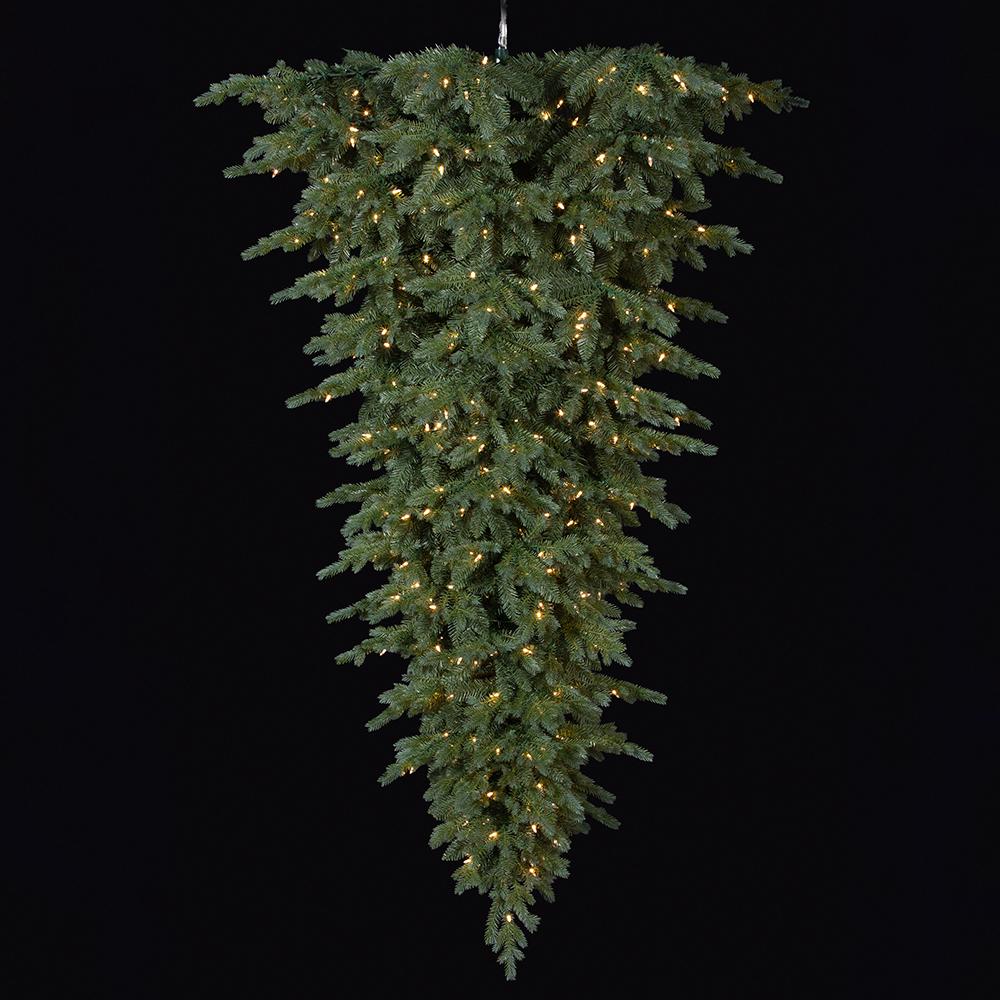 Upside-down green pine tree with 600 warm LED lights against a black background.