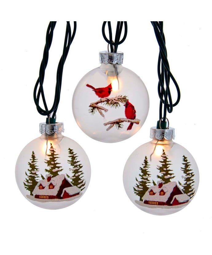 UL 10-Light Cardinal and Cabin Disc Light Set featuring clear globes with winter scenes.