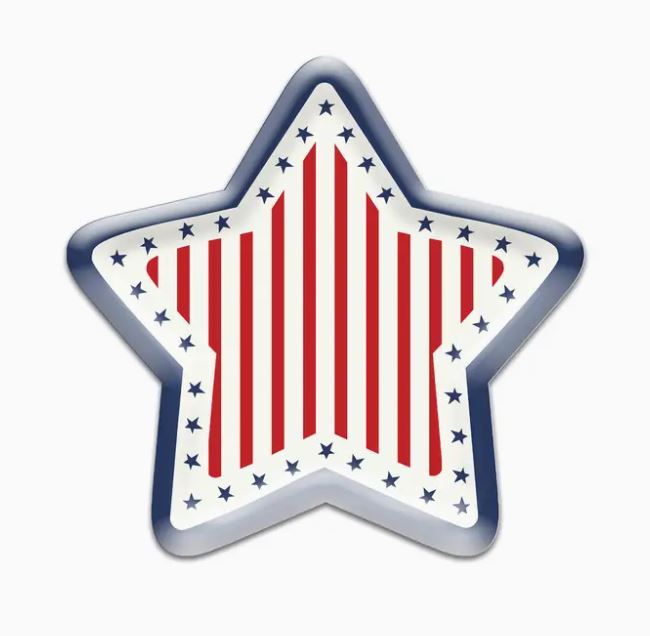 Eight white star-shaped paper plates with a red and blue stars and stripes pattern.
