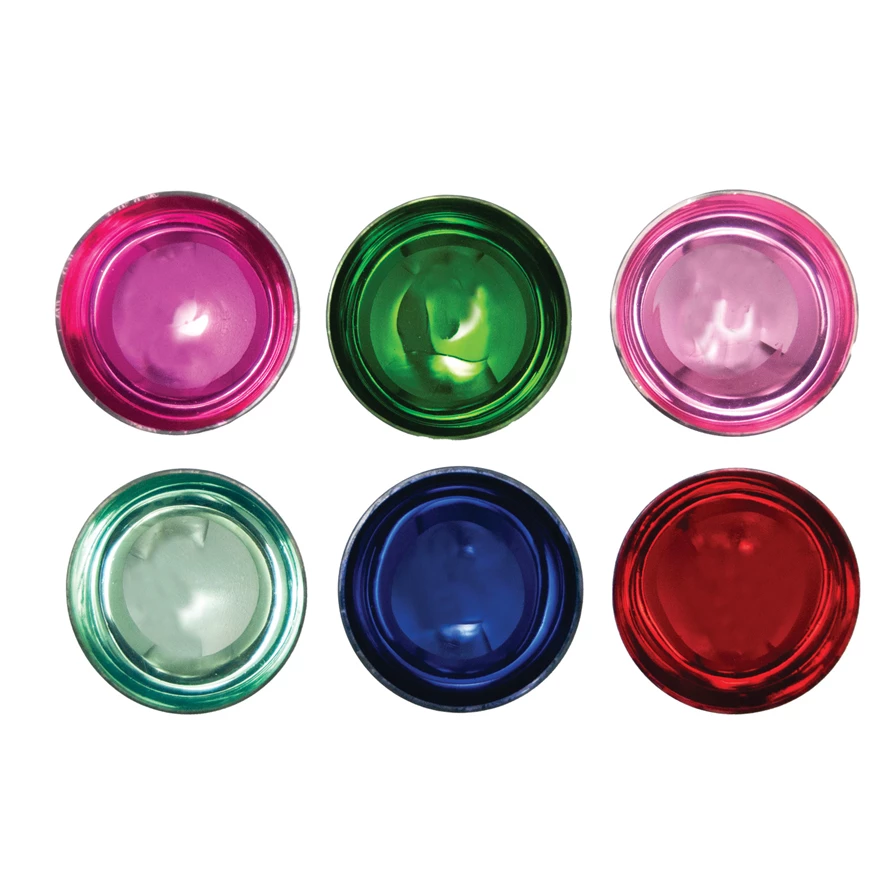 Six colorful glass floating tealight holders with silver electroplating in various vibrant hues.