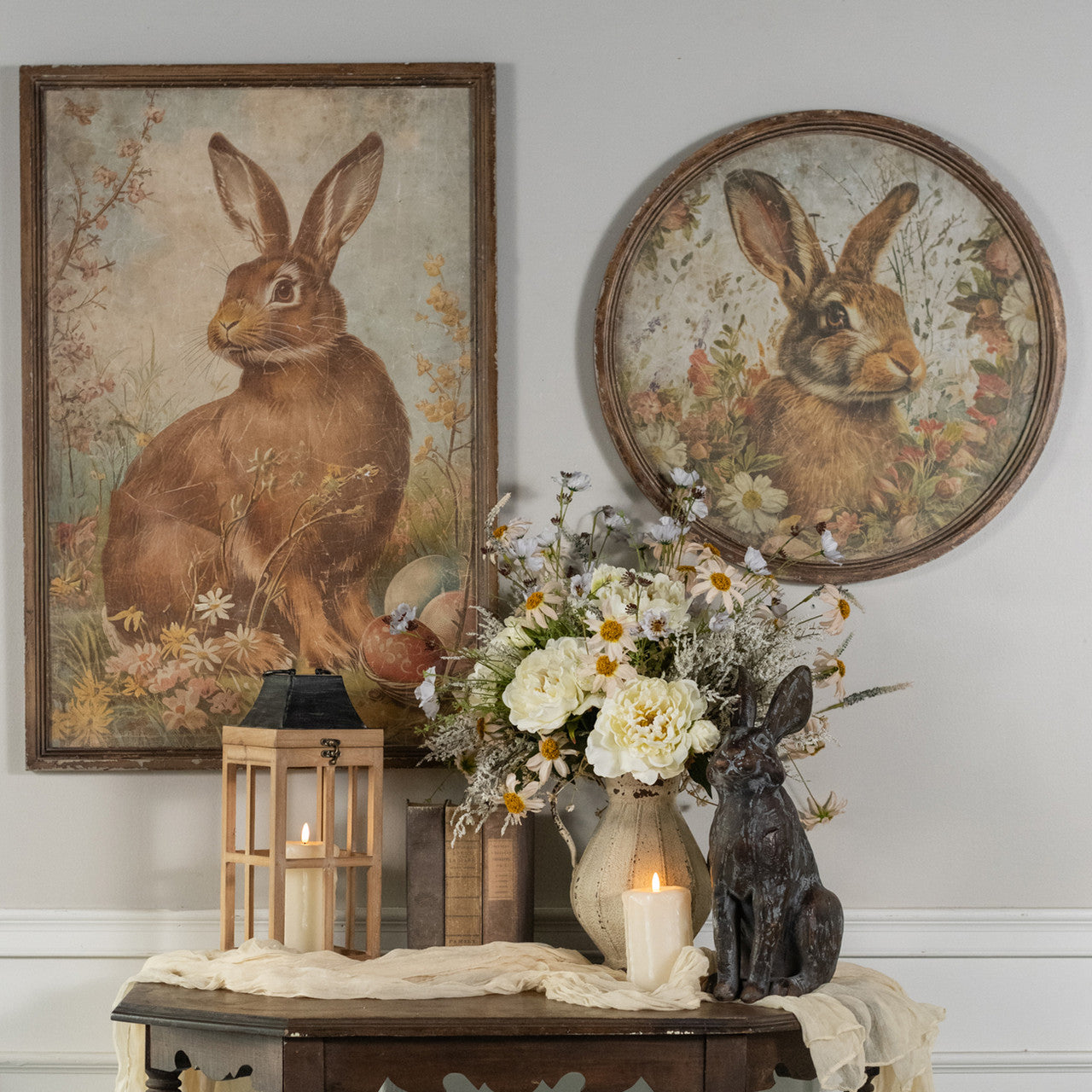 Round framed print featuring a bunny illustration on paper with glass fronting.