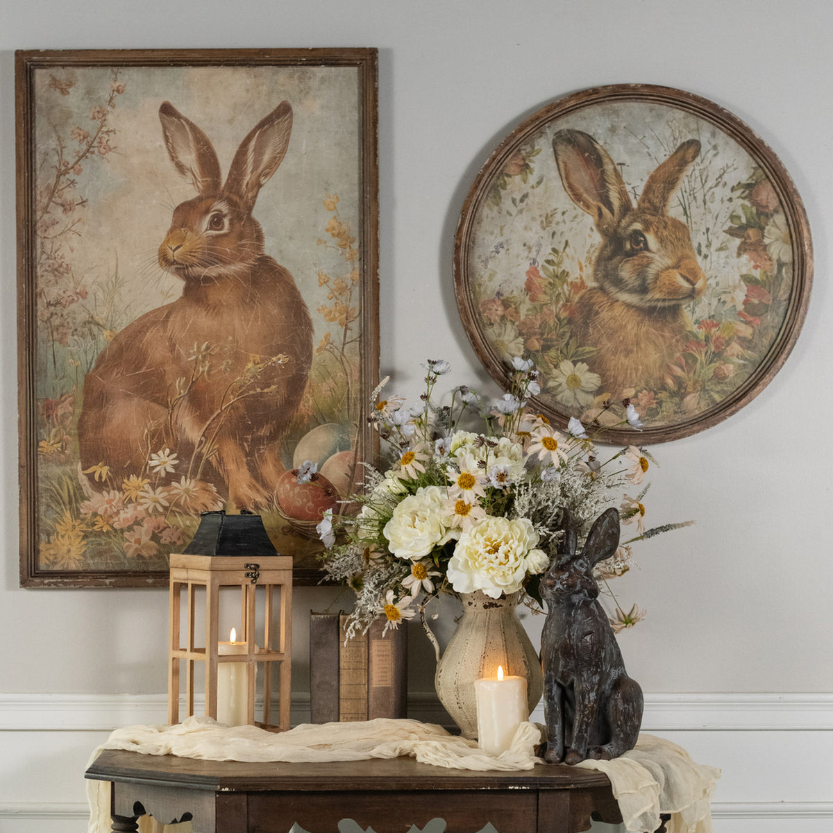 Round framed print featuring a bunny illustration on paper with glass fronting.