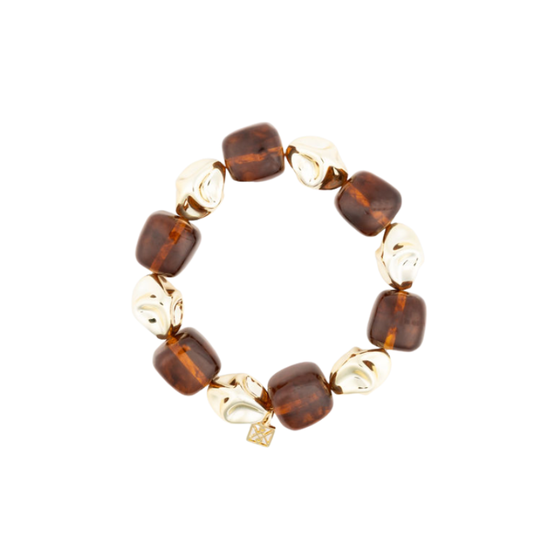 Lyla Bracelet featuring alternating chunky amber-colored resin beads and organic gold-tone beads.