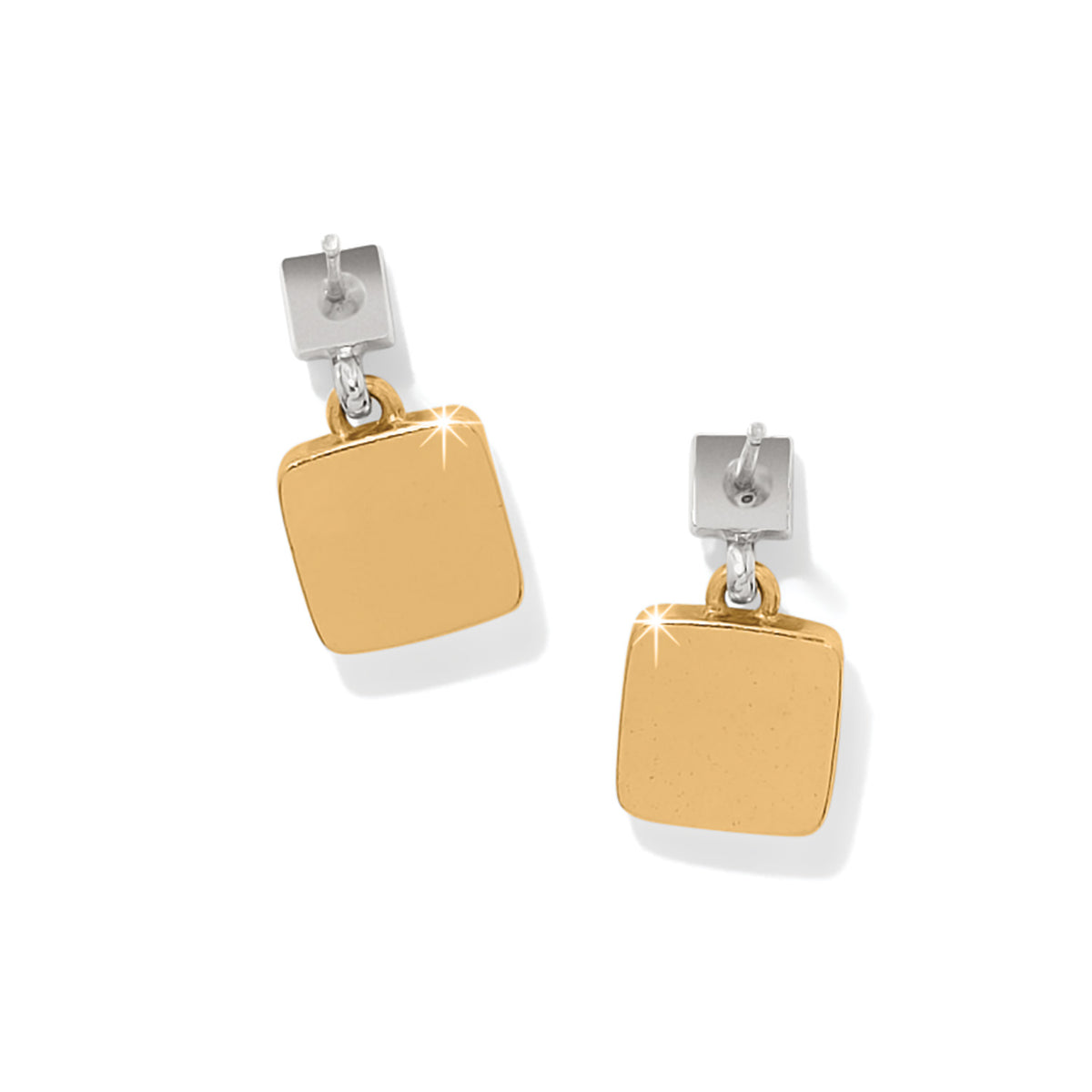 Meridian Etage two-tone post drop earrings with silver square studs and gold square charms.