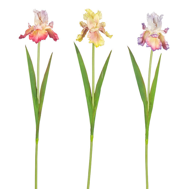 Artificial iris stem with vibrant purple blooms on a green foam base.