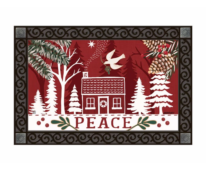 Frosted Pines MatMate bath mat with frosted pine tree pattern on a soft beige background.