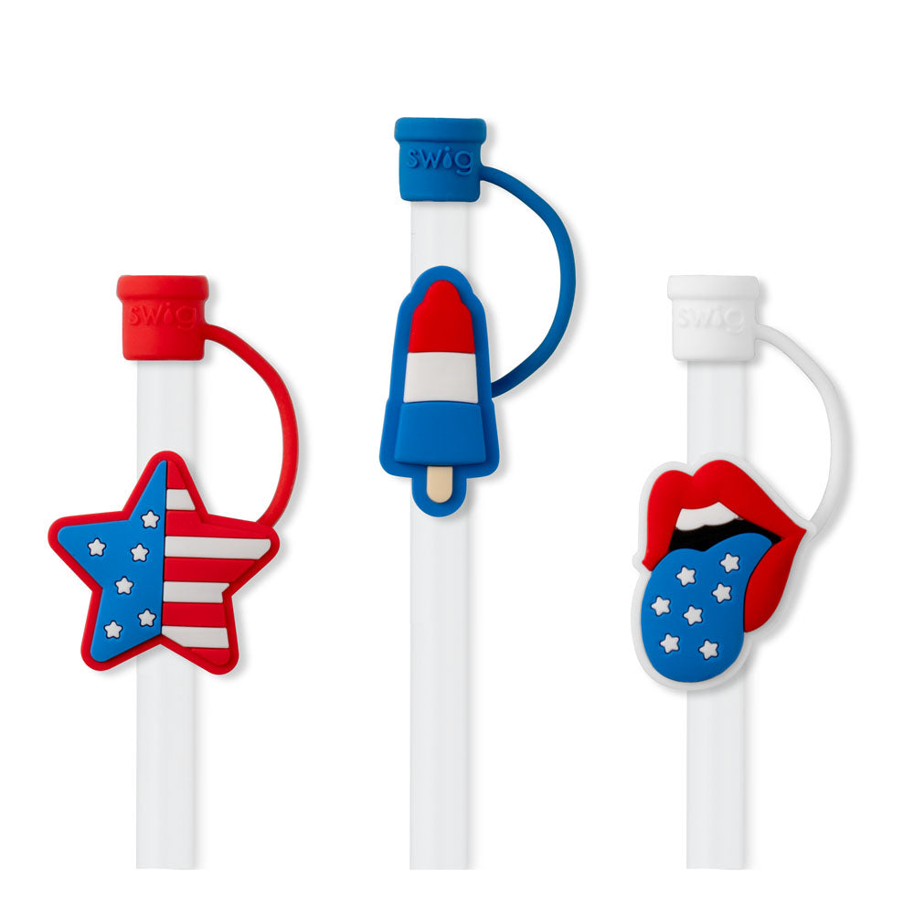 Set of three reusable straws with whimsical silicone toppers and protective caps.
