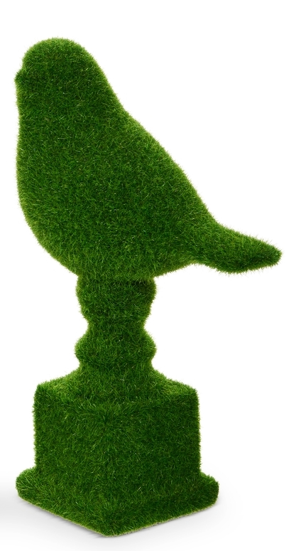 Green faux moss bird figurine perched on a decorative pedestal base.