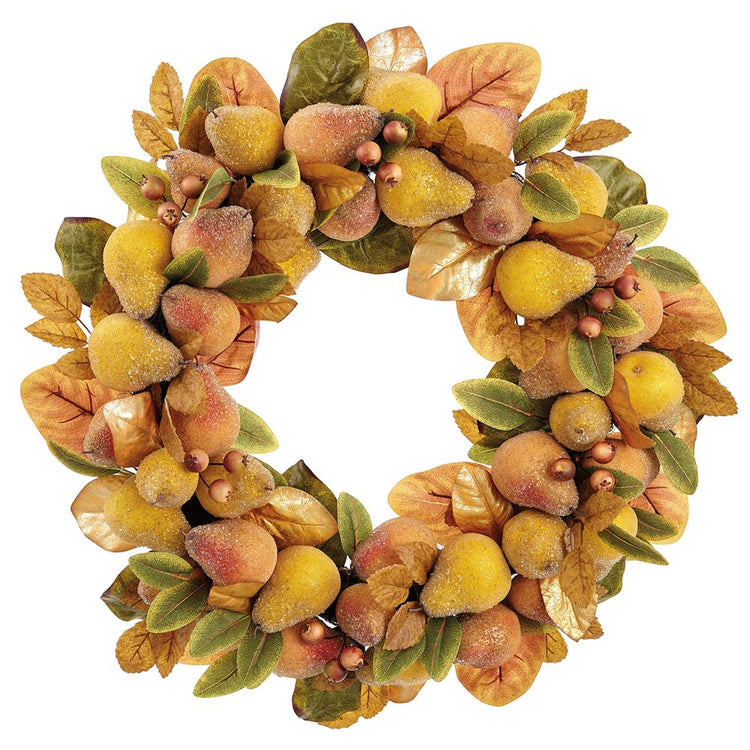 30-inch wreath with beaded yellow and brown pears, berries, and autumn leaves.