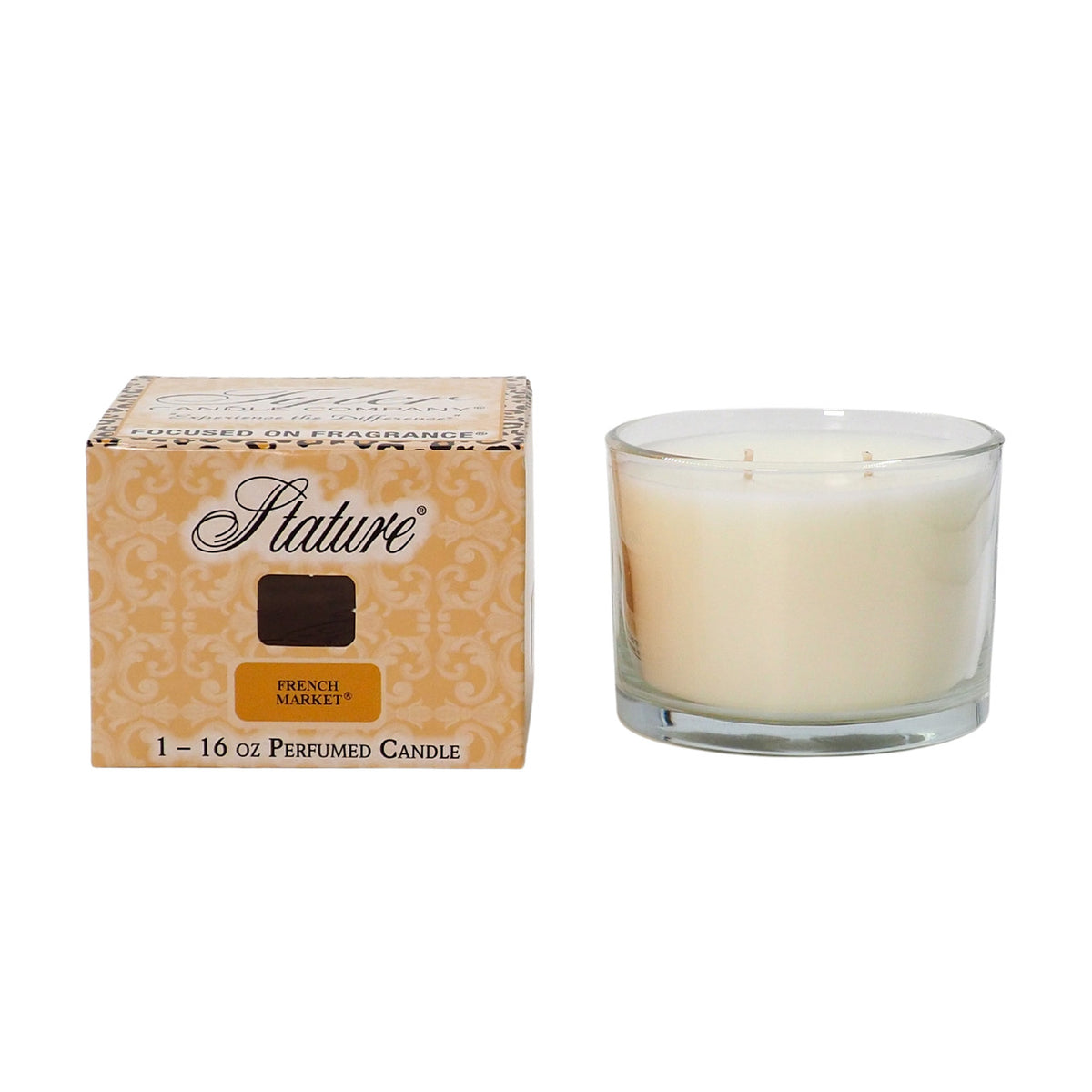 Clear glass candle jar with white soy wax blend inside a branded box.