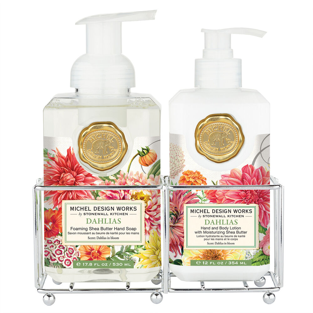 Foaming hand soap bottle with lotion dispenser in a clear caddy