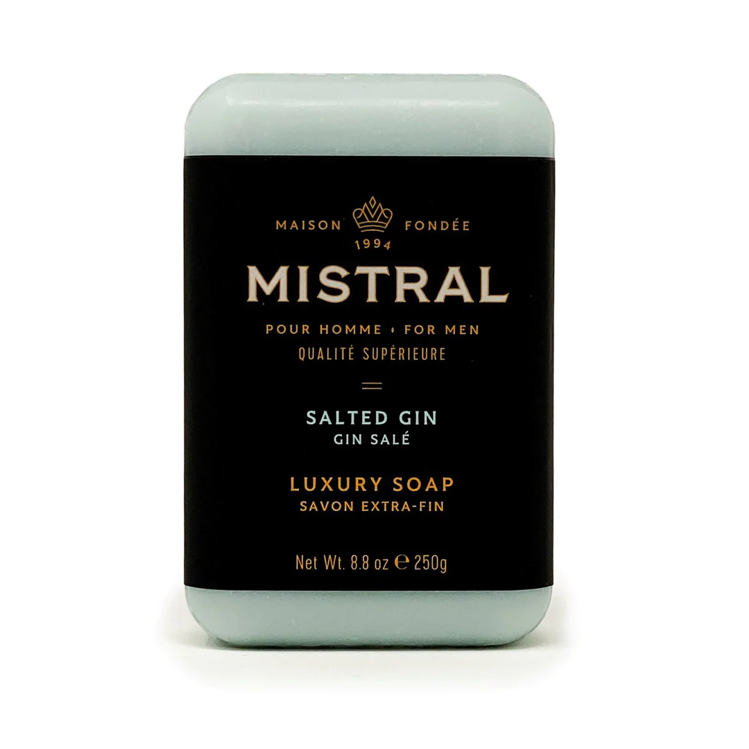 Mistral Salted Gin Bar Soap for men, 8.8 oz, in a black label with gold and white text.