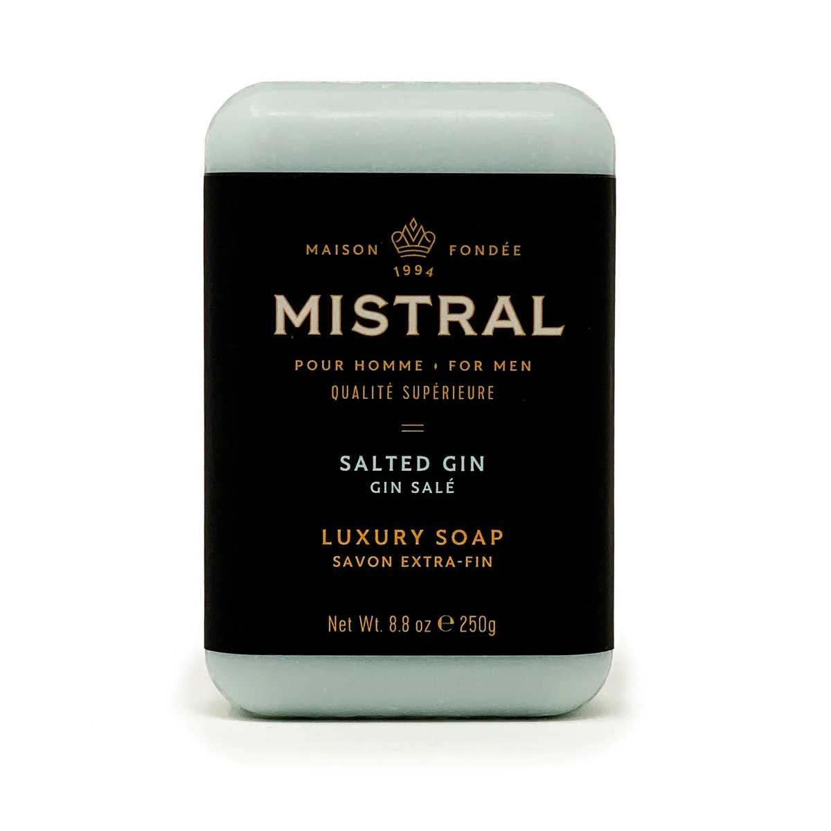 Mistral Salted Gin Bar Soap for men, 8.8 oz, in a black label with gold and white text.