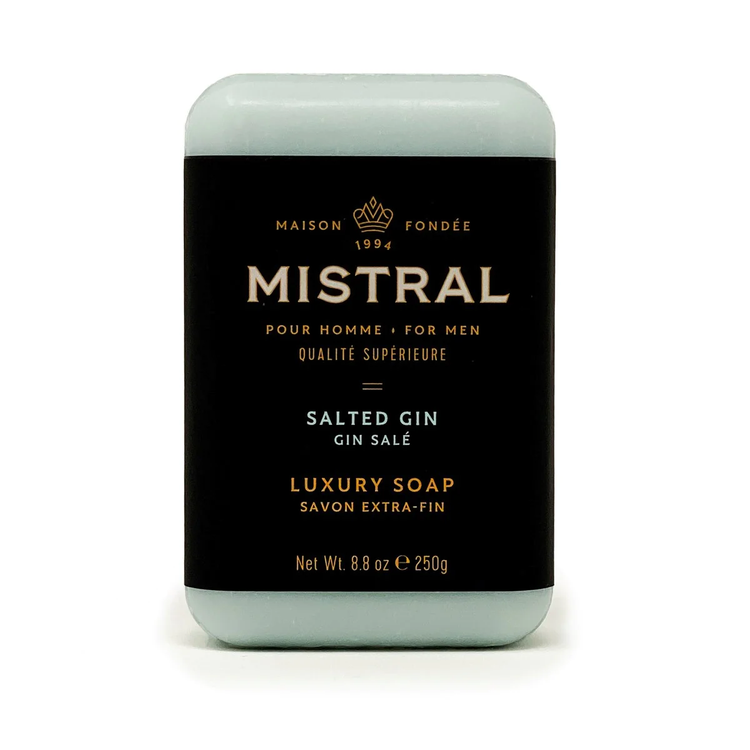 Mistral Salted Gin Bar Soap for men, 8.8 oz, in a black label with gold and white text.