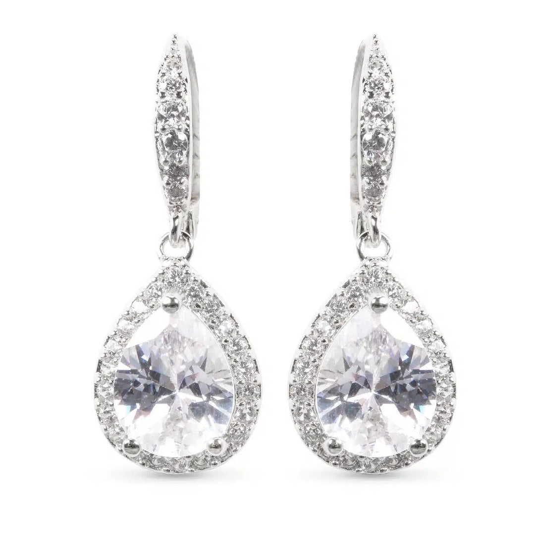 Silver lever-back teardrop earrings featuring a large central CZ stone with a sparkling halo.