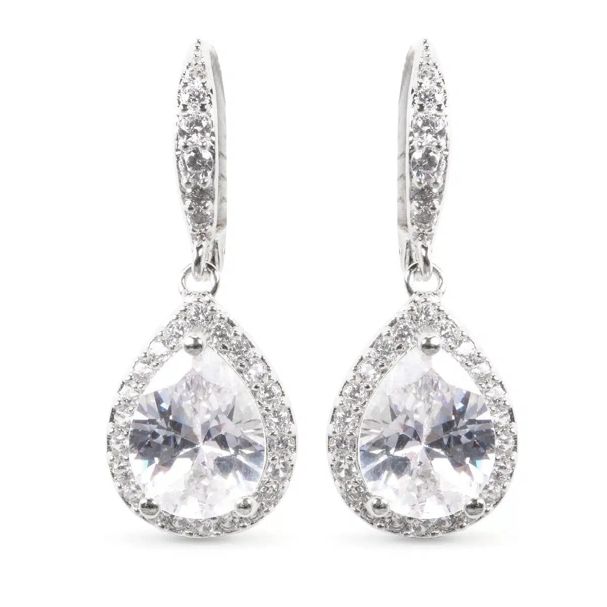 Silver lever-back teardrop earrings featuring a large central CZ stone with a sparkling halo.