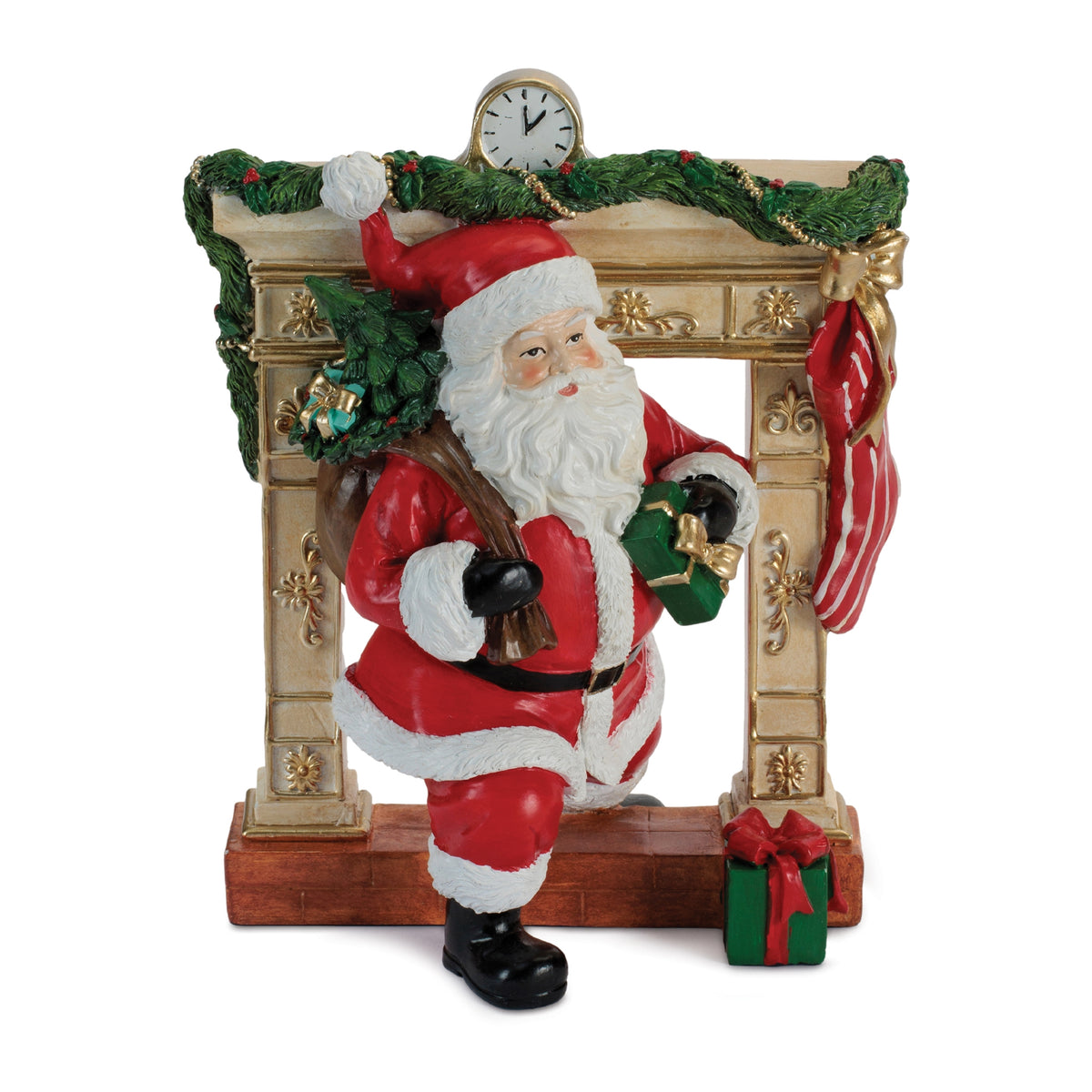 Resin Santa figurine carrying a gift and sack, standing in front of a decorated fireplace mantel.