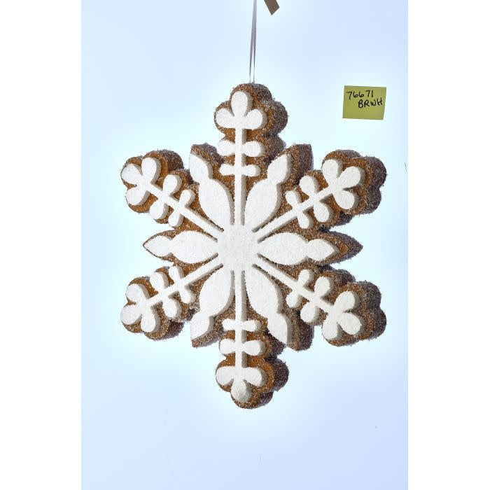 Foam gingerbread snowflake ornament with white icing detail on a candy cane stick.